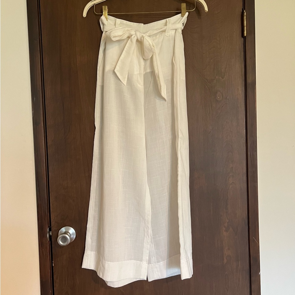 OnceWas White Linen Pants Wide Leg Belt-Tie | Small